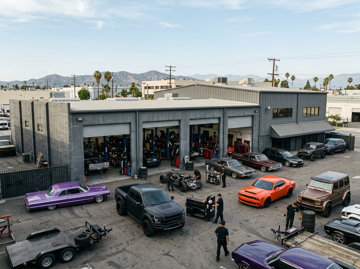 Automotive customization facility exterior with modified cars in Burbank, California