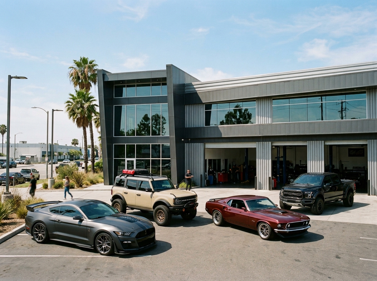Automotive customization workshop exterior with cars in Van Nuys, California