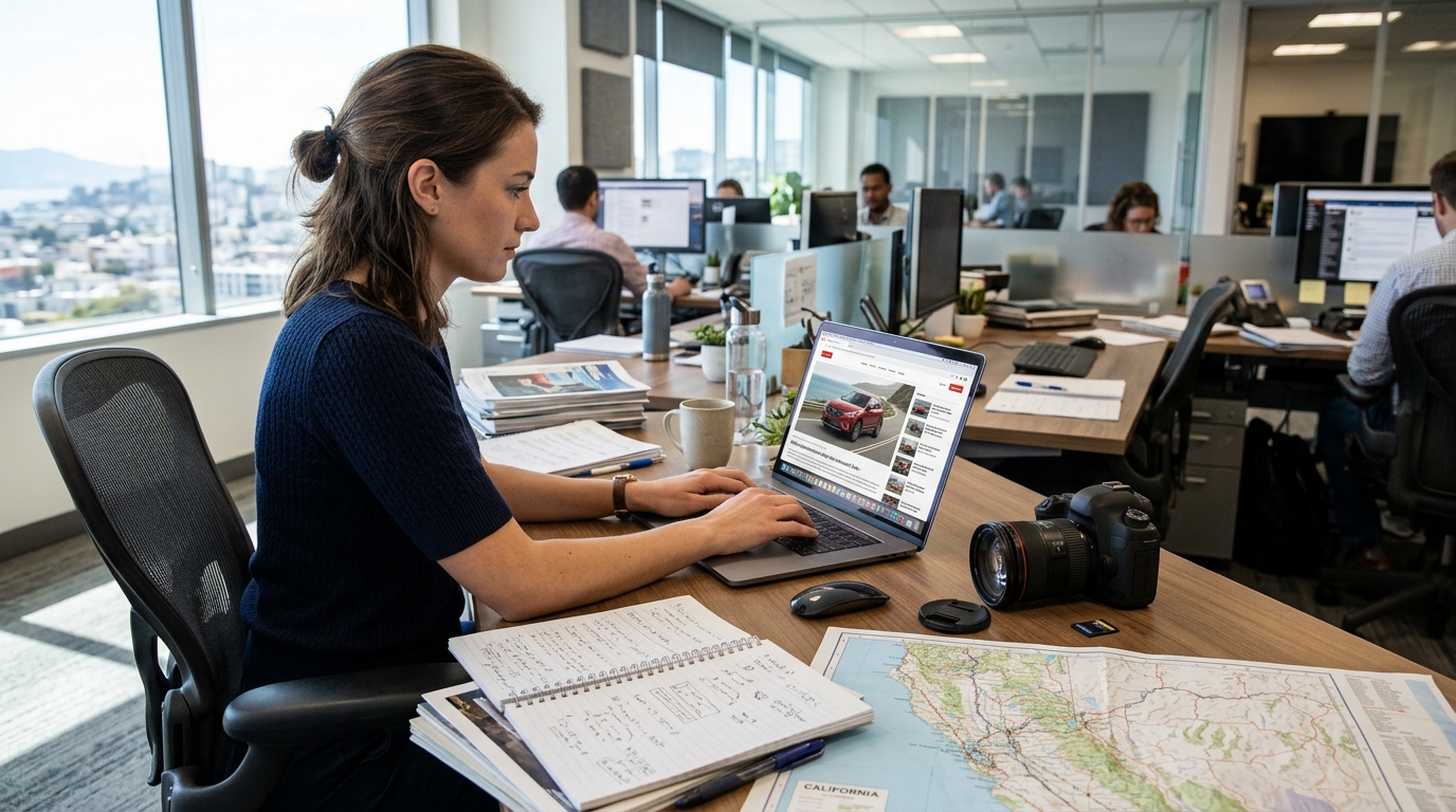 Automotive research desk with laptop, camera, notebooks, and California road materials