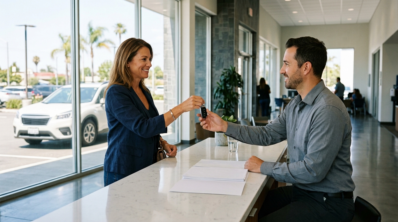 Buyer returning used car keys to a dealer
