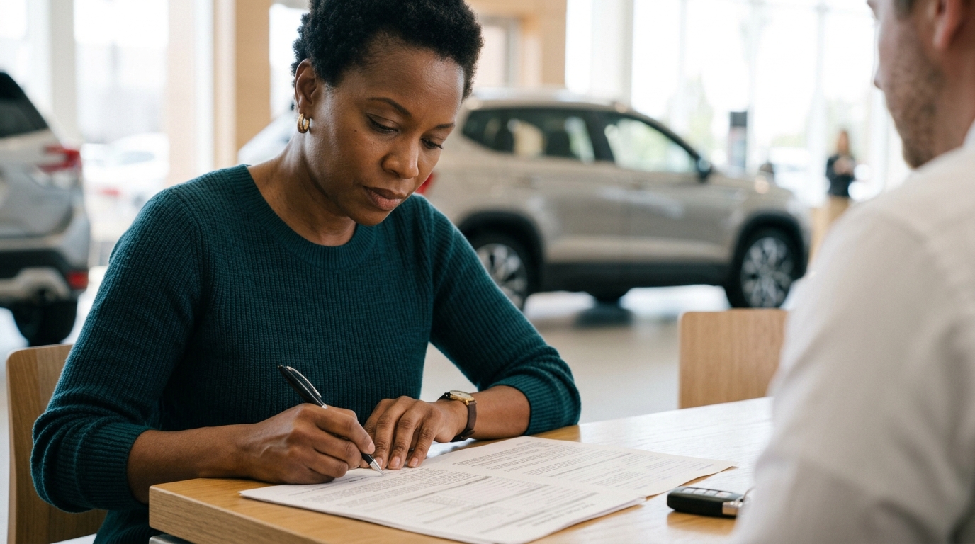 Buyer reviewing a used car purchase agreement