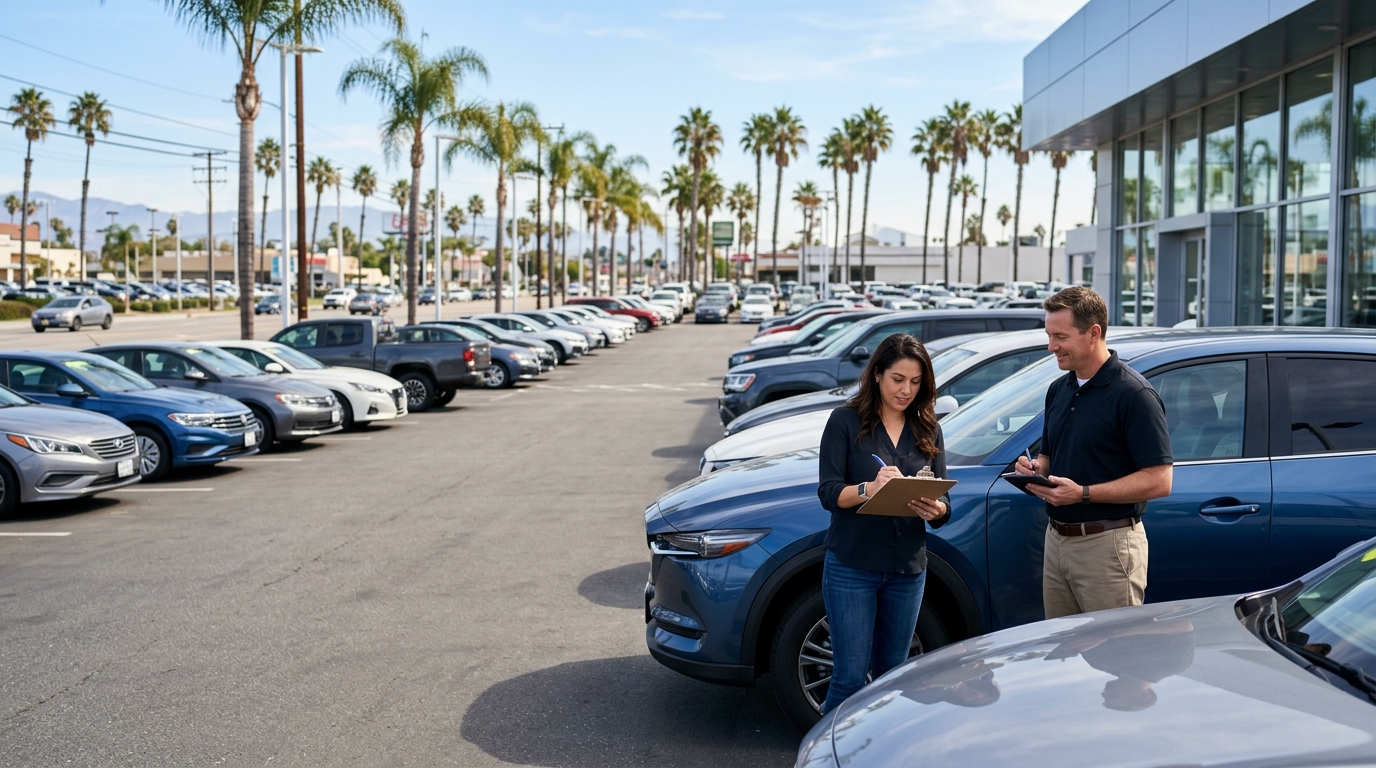 California car buyer reviewing dealership paperwork