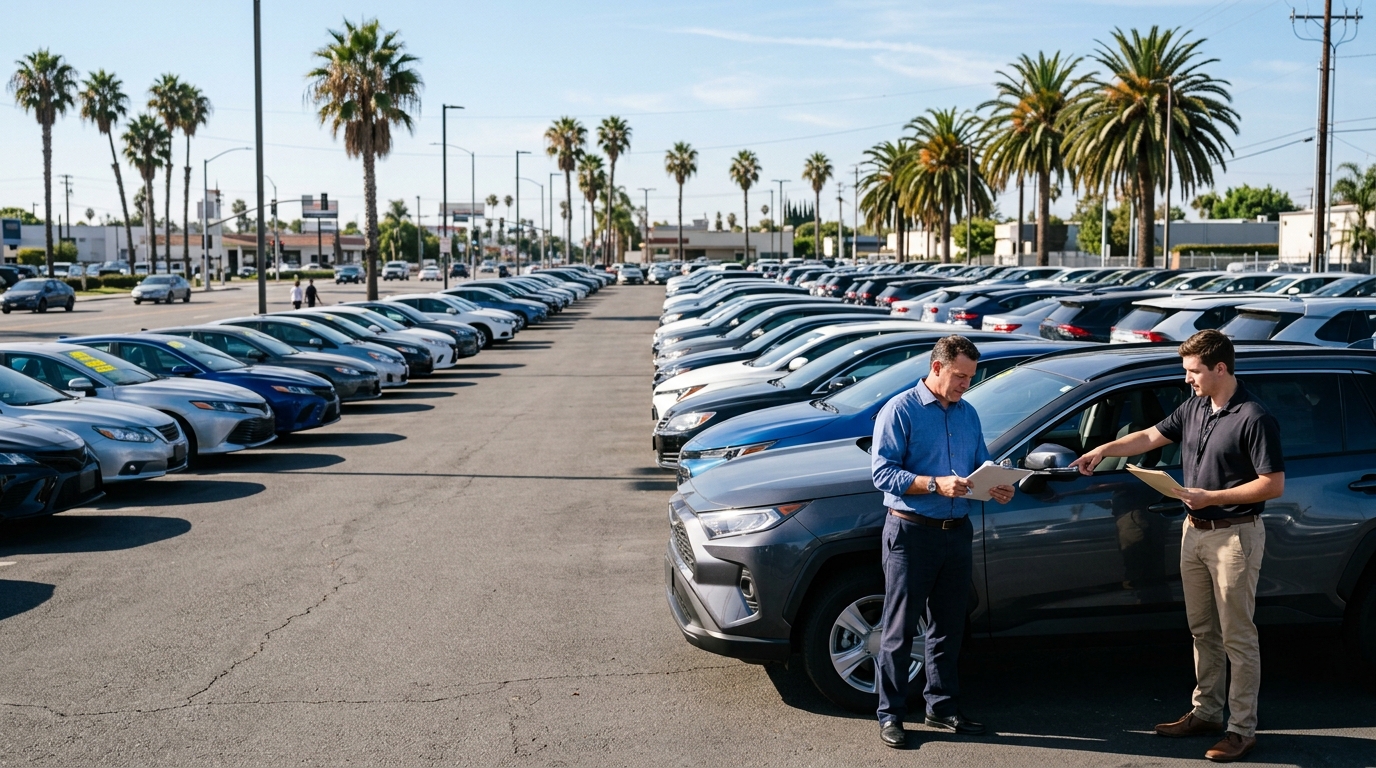 California used car dealership with buyer reviewing a vehicle