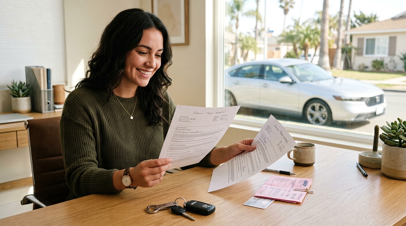 Car owner reviewing auto loan payoff records