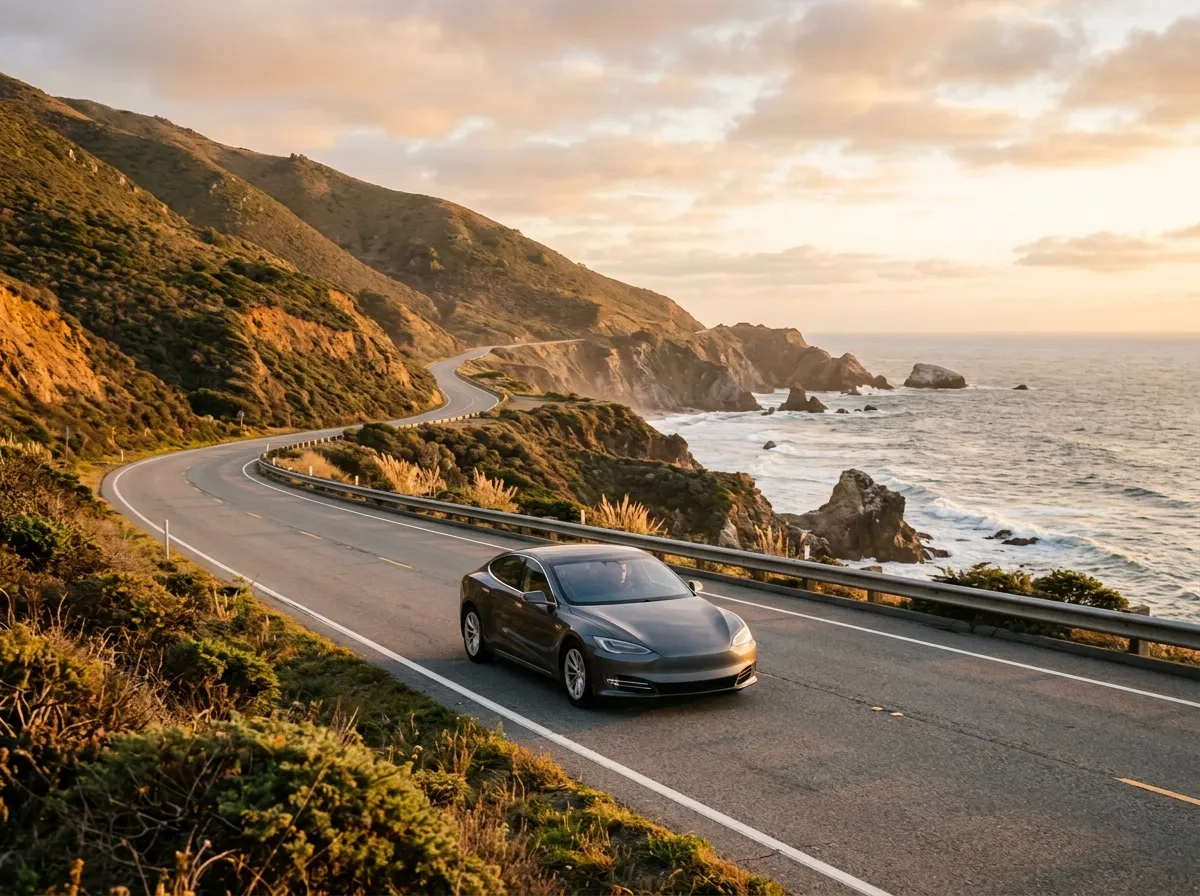 Car traveling along a scenic California coastal highway