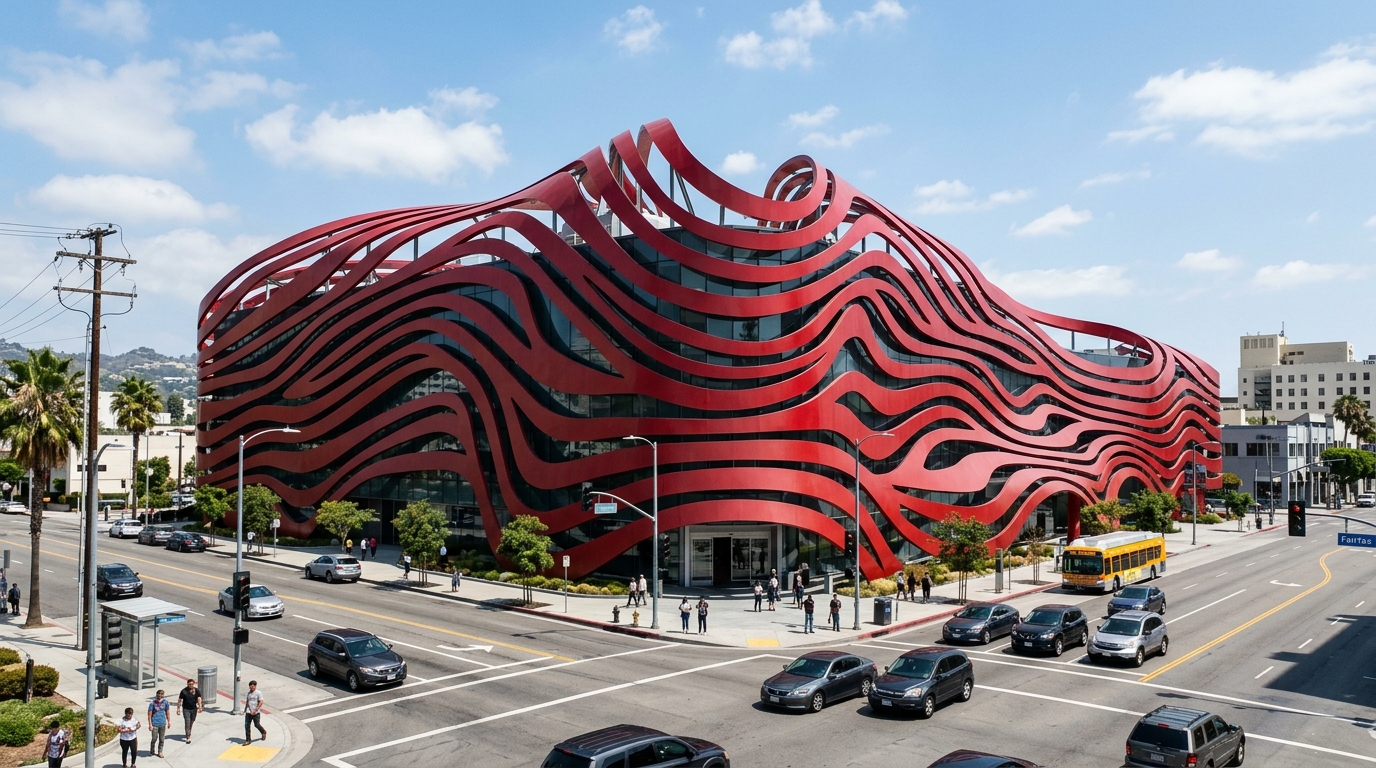 Distinctive automotive museum exterior along Wilshire Boulevard in Los Angeles