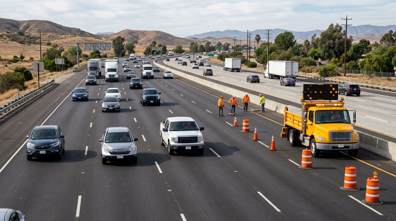 Drivers passing a California highway maintenance vehicle