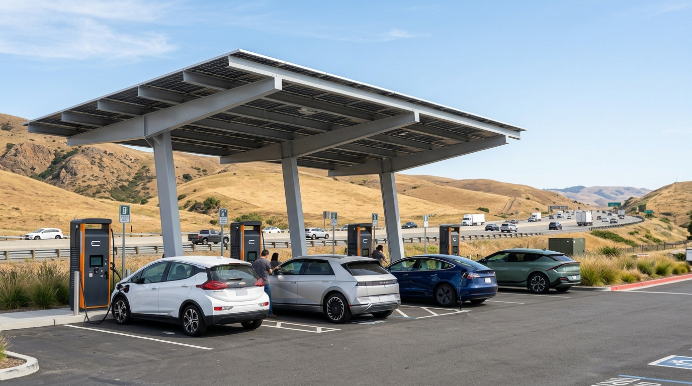 EV fast charging station beside a California highway