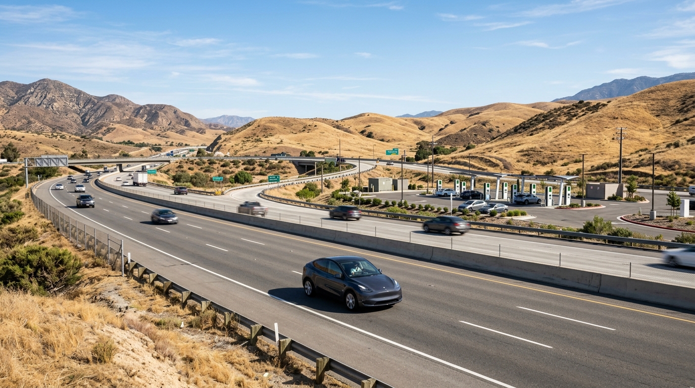 Electric vehicle traveling on a California highway