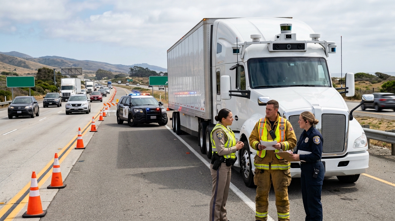 First responders beside an autonomous truck