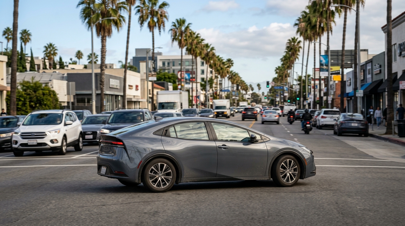 Hybrid car driving in California traffic