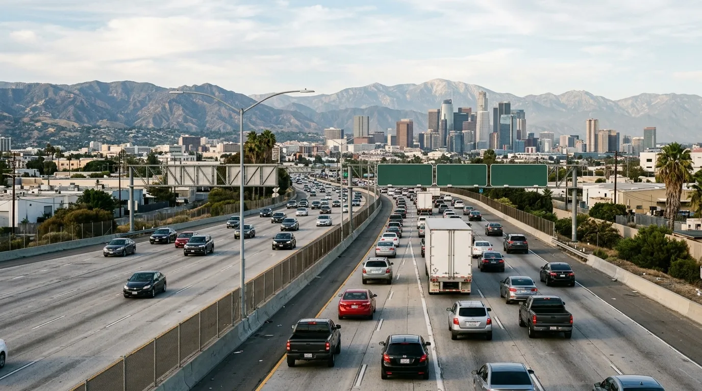 Mixed traffic on a California freeway with mountains in the distance