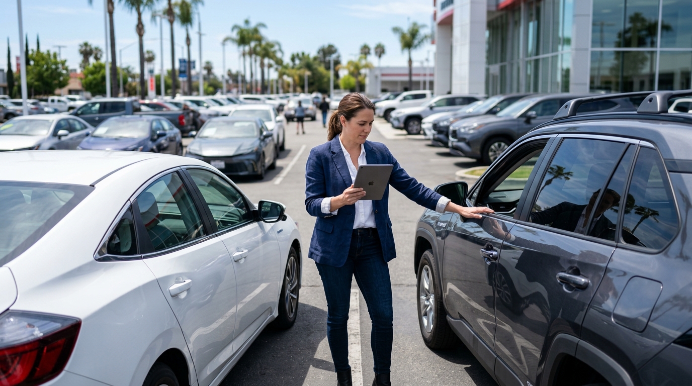 Shopper comparing hybrid cars in California