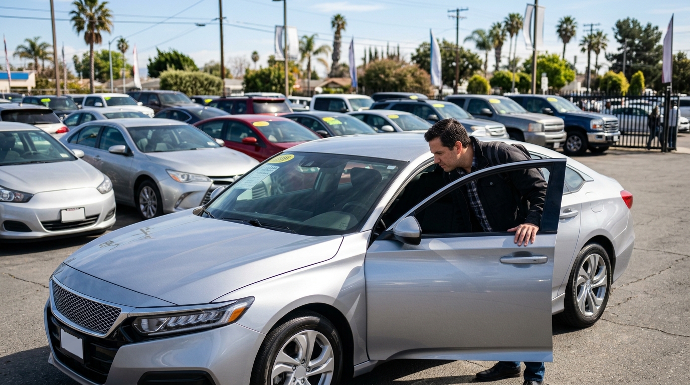 Shopper inspecting a used car at a California dealership