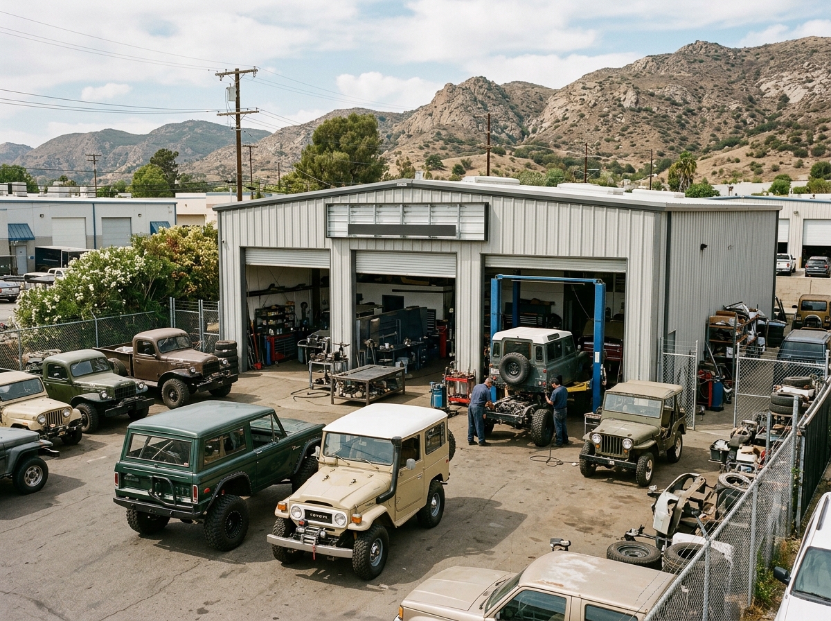 Specialty vehicle workshop with classic four-wheel-drive vehicles in Chatsworth, California