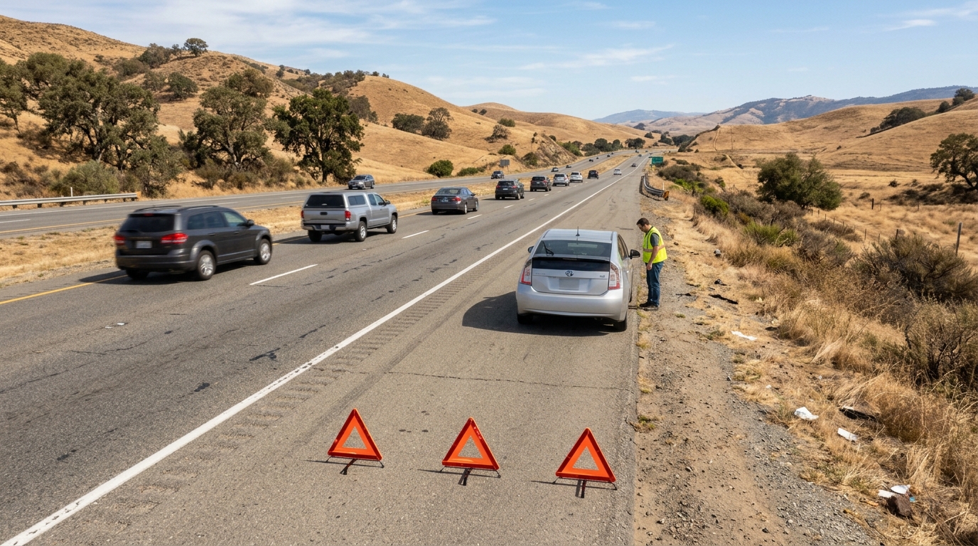 Stopped car with hazard lights on California highway