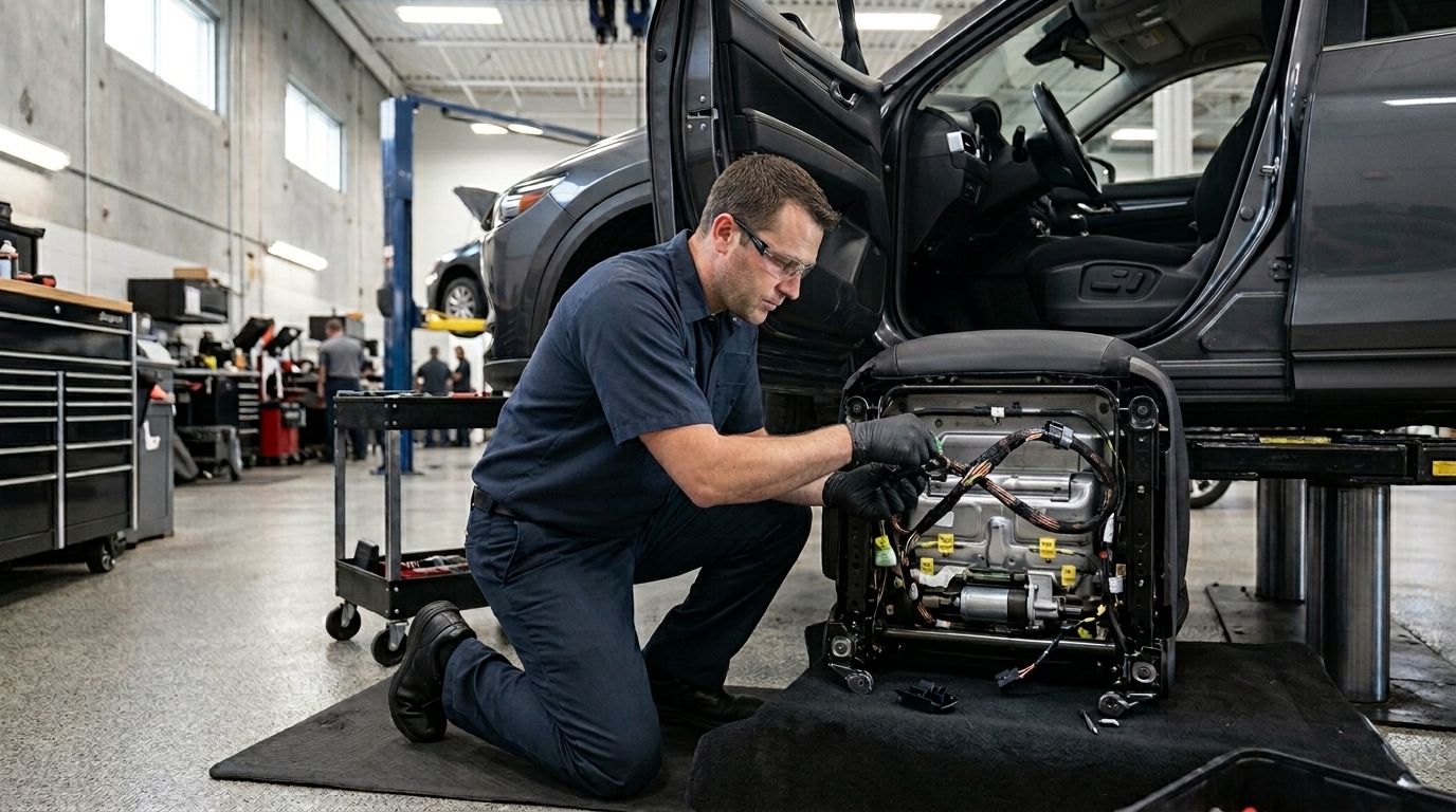 Technician repairing a recalled power seat