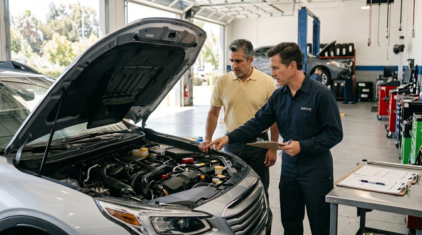 Vehicle owner inspecting car at repair shop