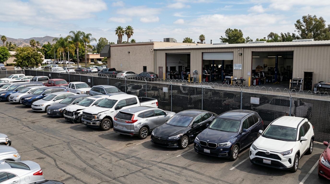 Vehicle storage area at a California repair shop